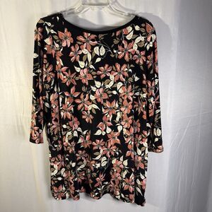 J. Jill Floral Tunic Top Women’s Large Black Red Beige 3/4 Sleeve Stretch Boho